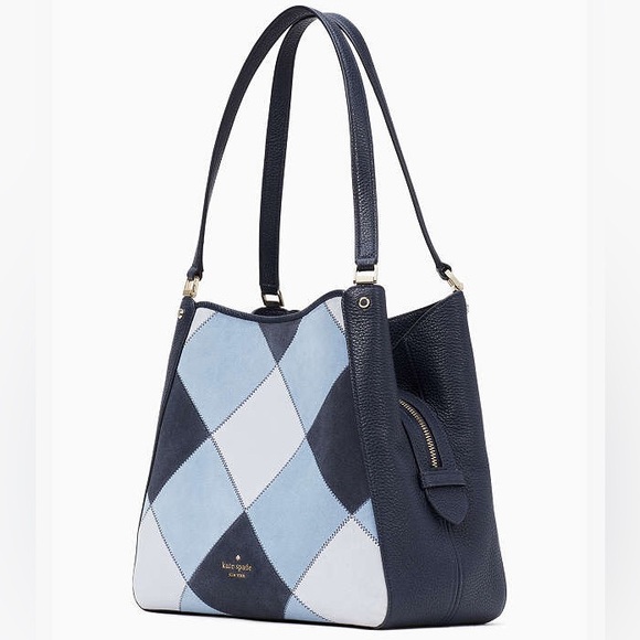 NWT-Kate Spade-Leila-Med 3 Compartment Shoulder-Patchwork Suede-Blazer Blue-$479 - Picture 13 of 15